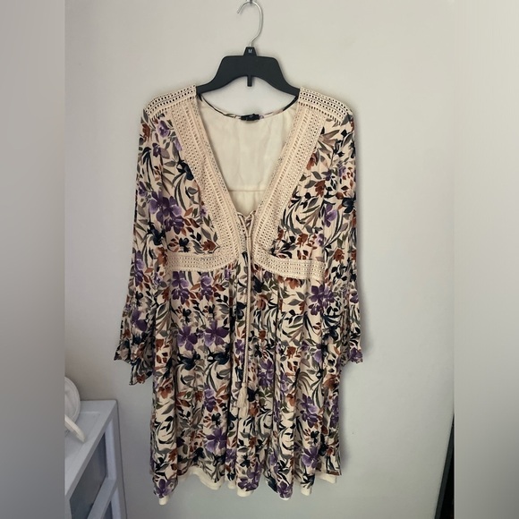 Torrid Ivory Floral Boho Mini Gauze Lace-Up Skater Dress Size 2 - Picture 3 of 12